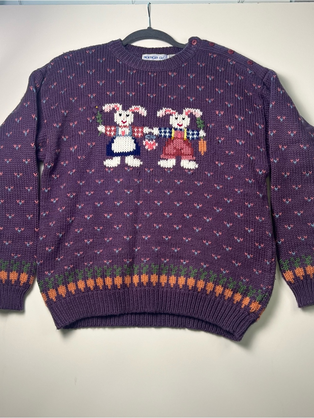 VTG Northern Isles Women L Purple Knit Pullover Sweater Embroidered Bunny Carrot